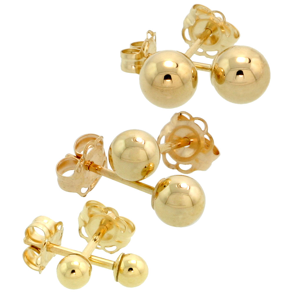 3-Pair 10k Gold Ball Earrings Set / Cartilage Nose Studs, 3mm 4mm 5mm