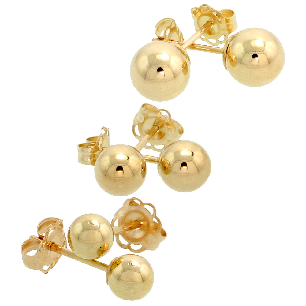 3-Pair 10k Gold Ball Earrings Set 4mm 5mm 6mm
