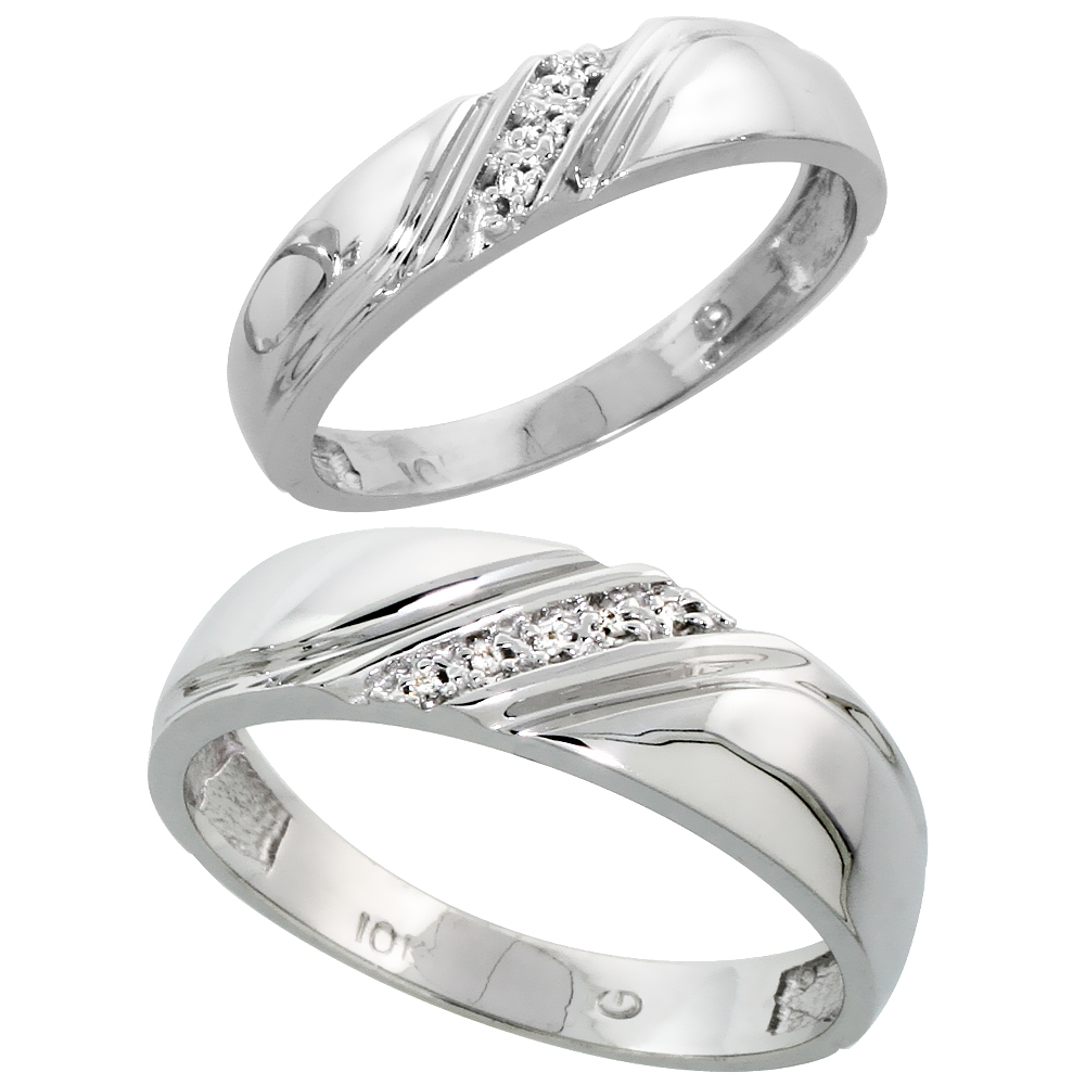 10k White Gold Diamond Wedding Rings Set for him 6 mm and her 4.5 mm 2-Piece 0.05 cttw Brilliant Cut, ladies sizes 5 ï¿½ 10, mens 
