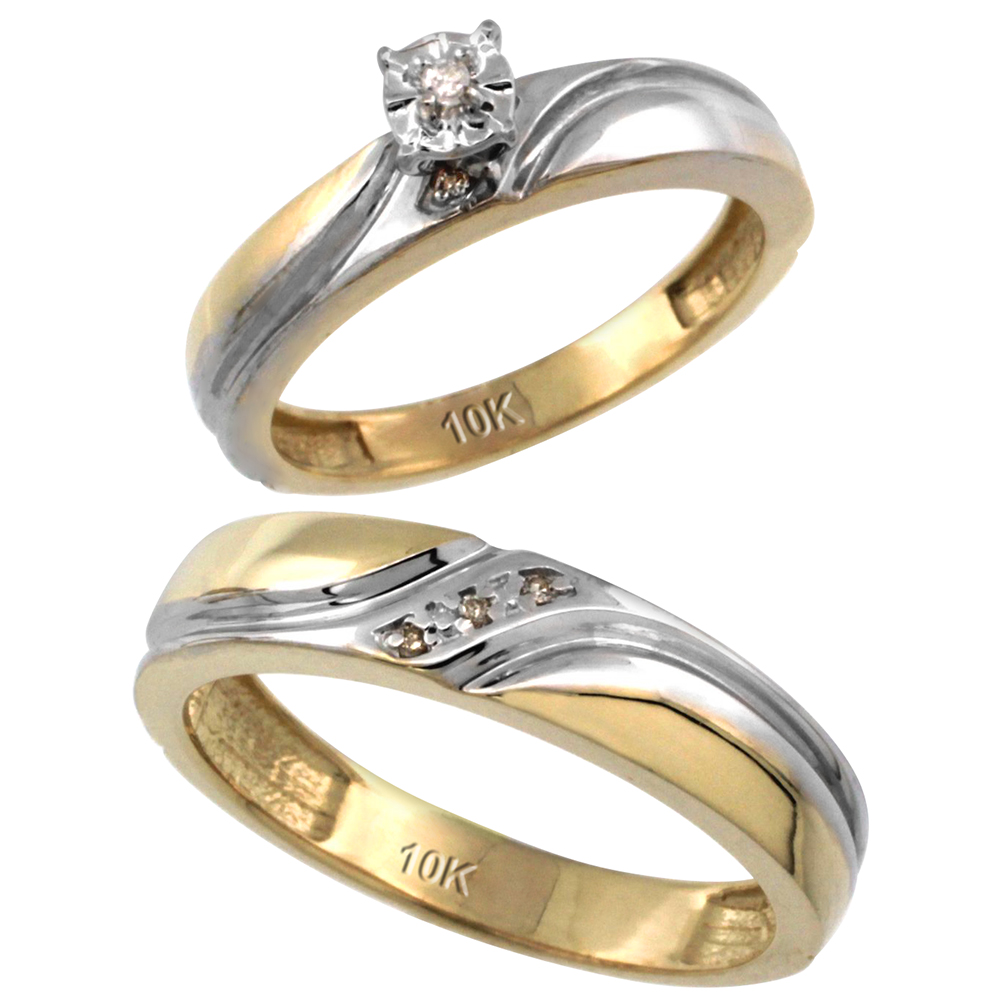 10k Gold 2-Pc Diamond Ring Set (4mm Engagement Ring &amp; 5mm Man&#039;s Wedding Band), w/ 0.049 Carat Brilliant Cut Diamonds