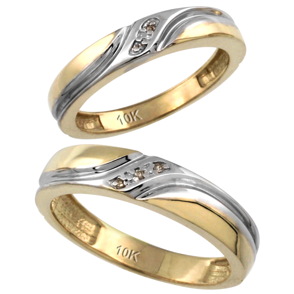 14k Gold 2-Pc His (5mm) &amp; Hers (4mm) Diamond Wedding Ring Band Set w/ 0.032 Carat Brilliant Cut Diamonds (Ladies&#039; Sizes 5 to 10; Men&#039;s Sizes 8 to 14)