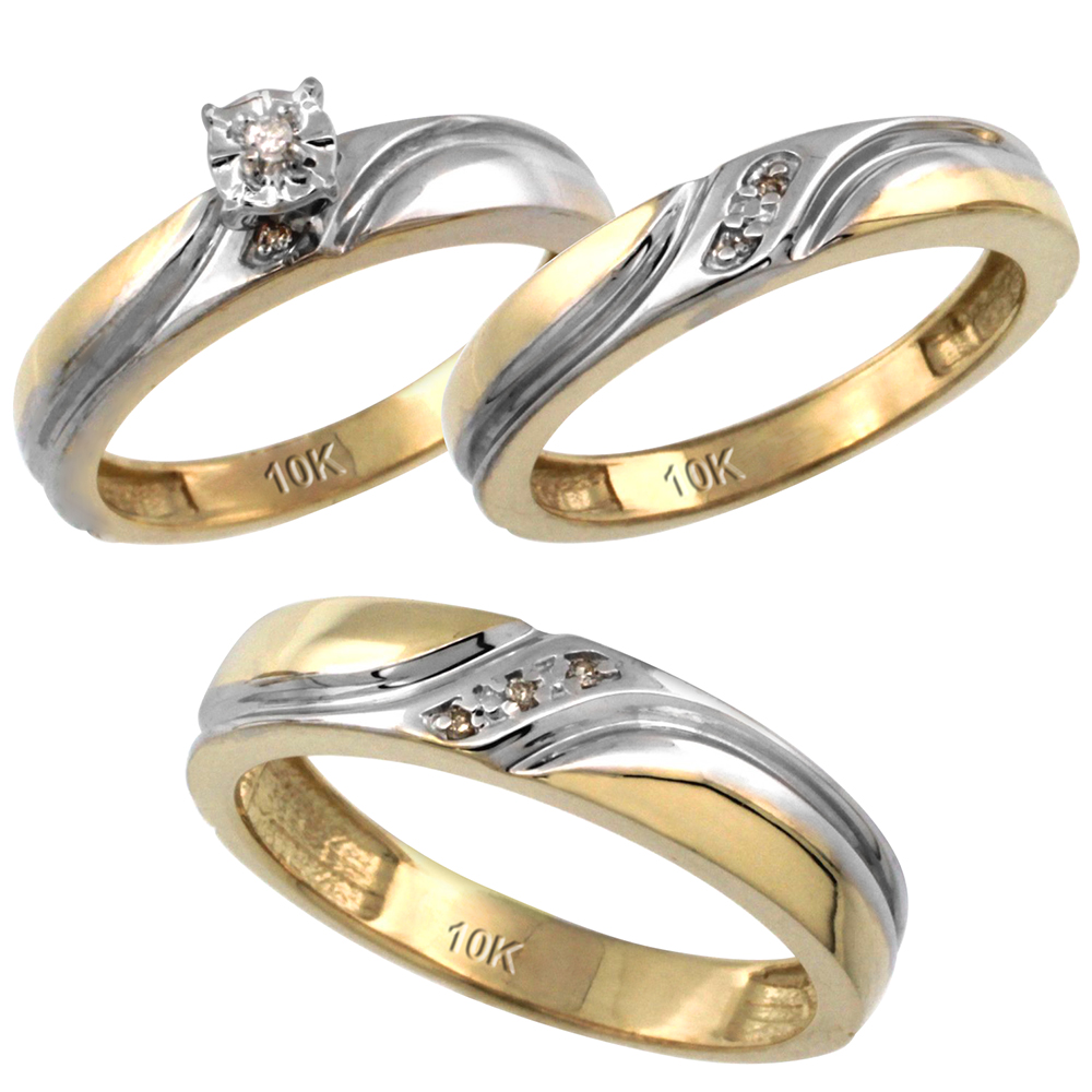 10k Gold 3-Pc. Trio His (5mm) &amp; Hers (4mm) Diamond Wedding Ring Band Set, w/ 0.062 Carat Brilliant Cut Diamonds (Ladies&#039; Sizes 5-10; Men&#039;s Sizes 8 to 14)