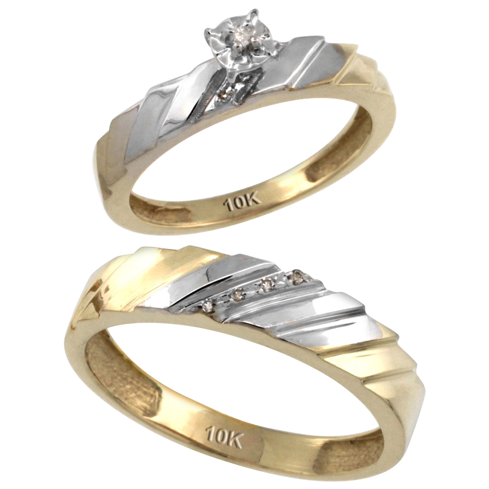 14k Gold 2-Pc Diamond Ring Set (4mm Engagement Ring &amp; 5mm Man&#039;s Wedding Band), w/ 0.056 Carat Brilliant Cut Diamonds