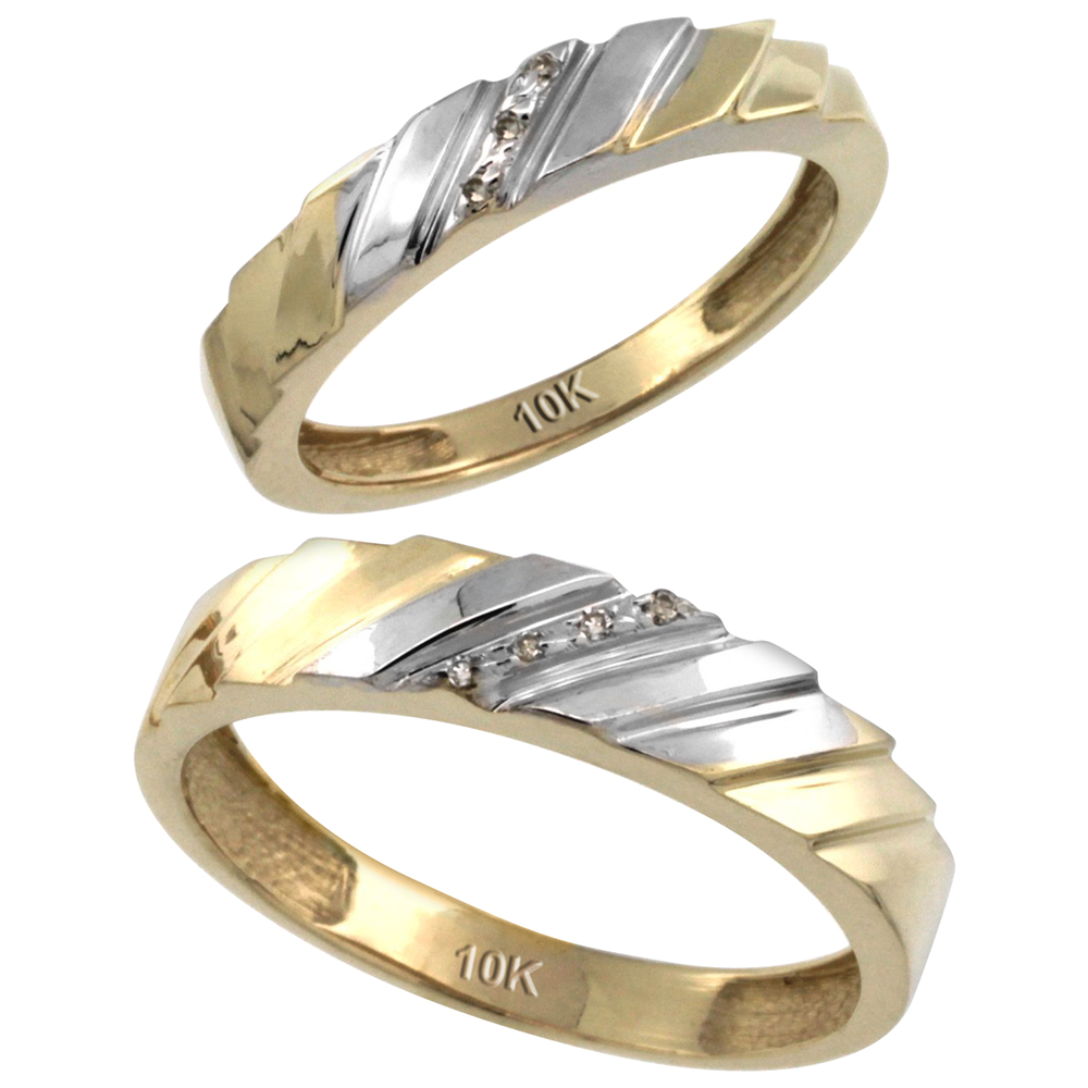 14k Gold 2-Pc His (5mm) & Hers (4mm) Diamond Wedding Ring Band Set w/ 0.045 Carat Brilliant Cut Diamonds (Ladies' Sizes 5 to 10; Men's Sizes 8 to 14)