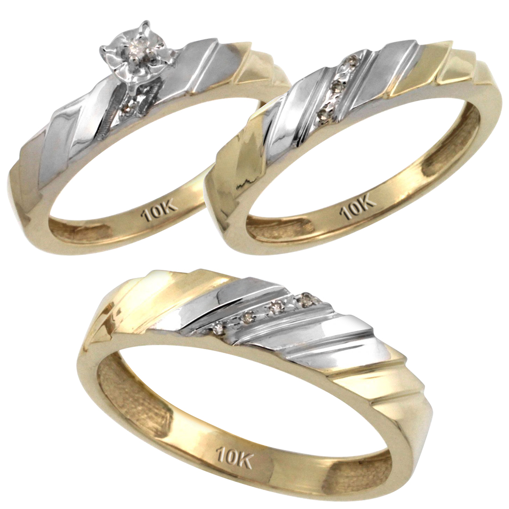 10k Gold 3-Pc. Trio His (5mm) &amp; Hers (4mm) Diamond Wedding Ring Band Set, w/ 0.075 Carat Brilliant Cut Diamonds (Ladies&#039; Sizes 5-10; Men&#039;s Sizes 8 to 14)