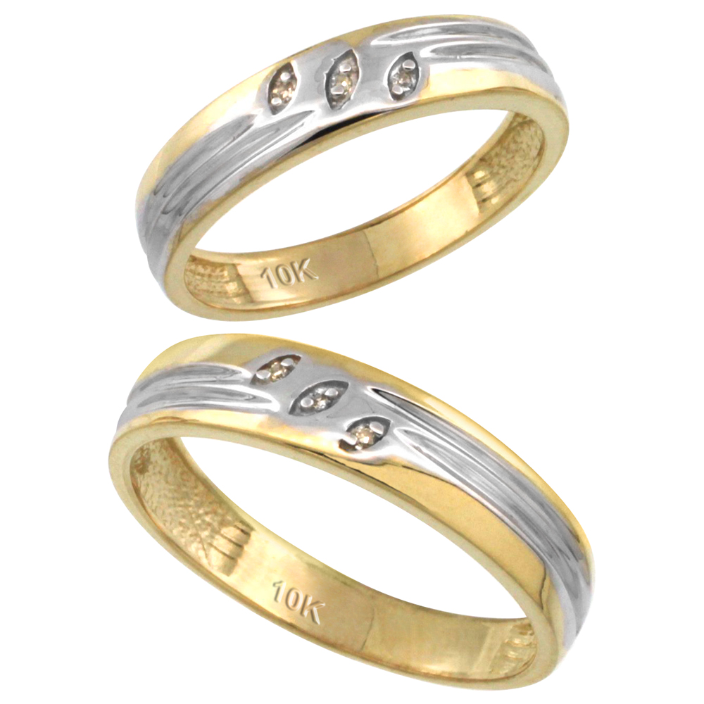 14k Gold 2-Pc His (5mm) & Hers (4.5mm) Diamond Wedding Ring Band Set w/ 0.045 Carat Brilliant Cut Diamonds (Ladies' Sizes 5 to 10; Men's Sizes 8 to 14)