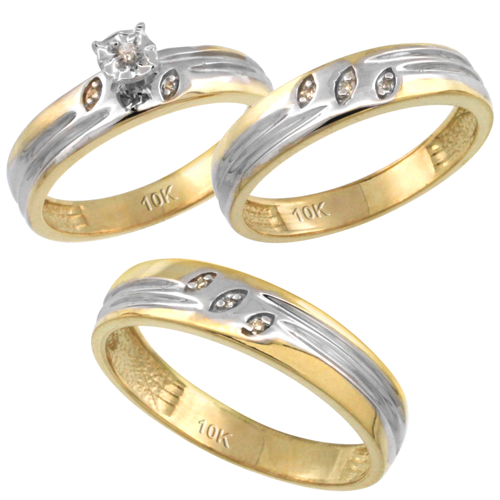 10k Gold 3-Pc. Trio His (5mm) &amp; Hers (4.5mm) Diamond Wedding Ring Band Set, w/ 0.075 Carat Brilliant Cut Diamonds (Ladies&#039; Sizes 5-10; Men&#039;s Sizes 8 to 14)