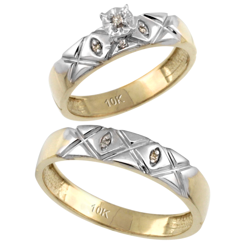 10k Gold 2-Pc Diamond Ring Set (4.5mm Engagement Ring &amp; 5mm Man&#039;s Wedding Band), w/ 0.043 Carat Brilliant Cut Diamonds