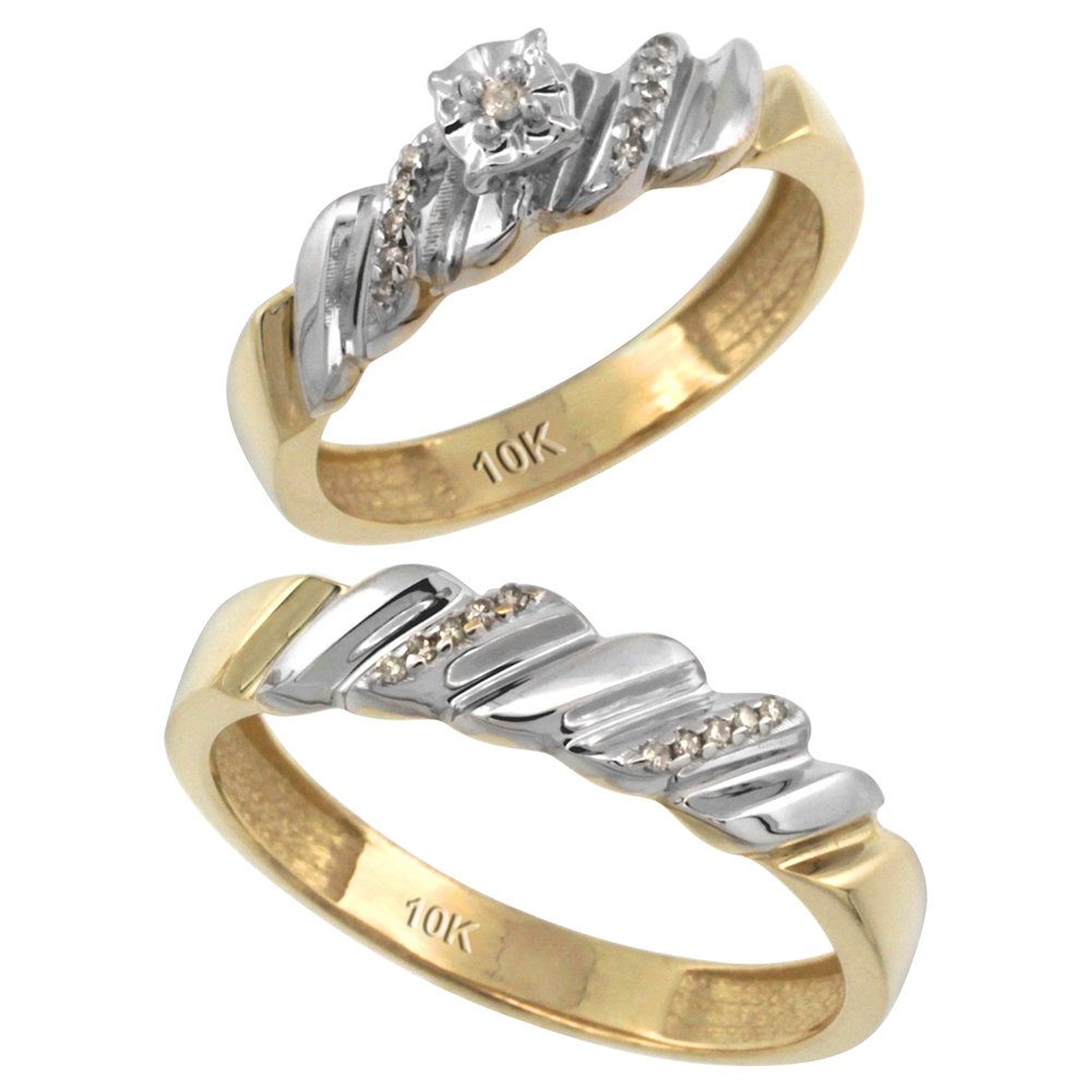 14k Gold 2-Pc Diamond Ring Set (5mm Engagement Ring &amp; 5mm Man&#039;s Wedding Band), w/ 0.143 Carat Brilliant Cut Diamonds