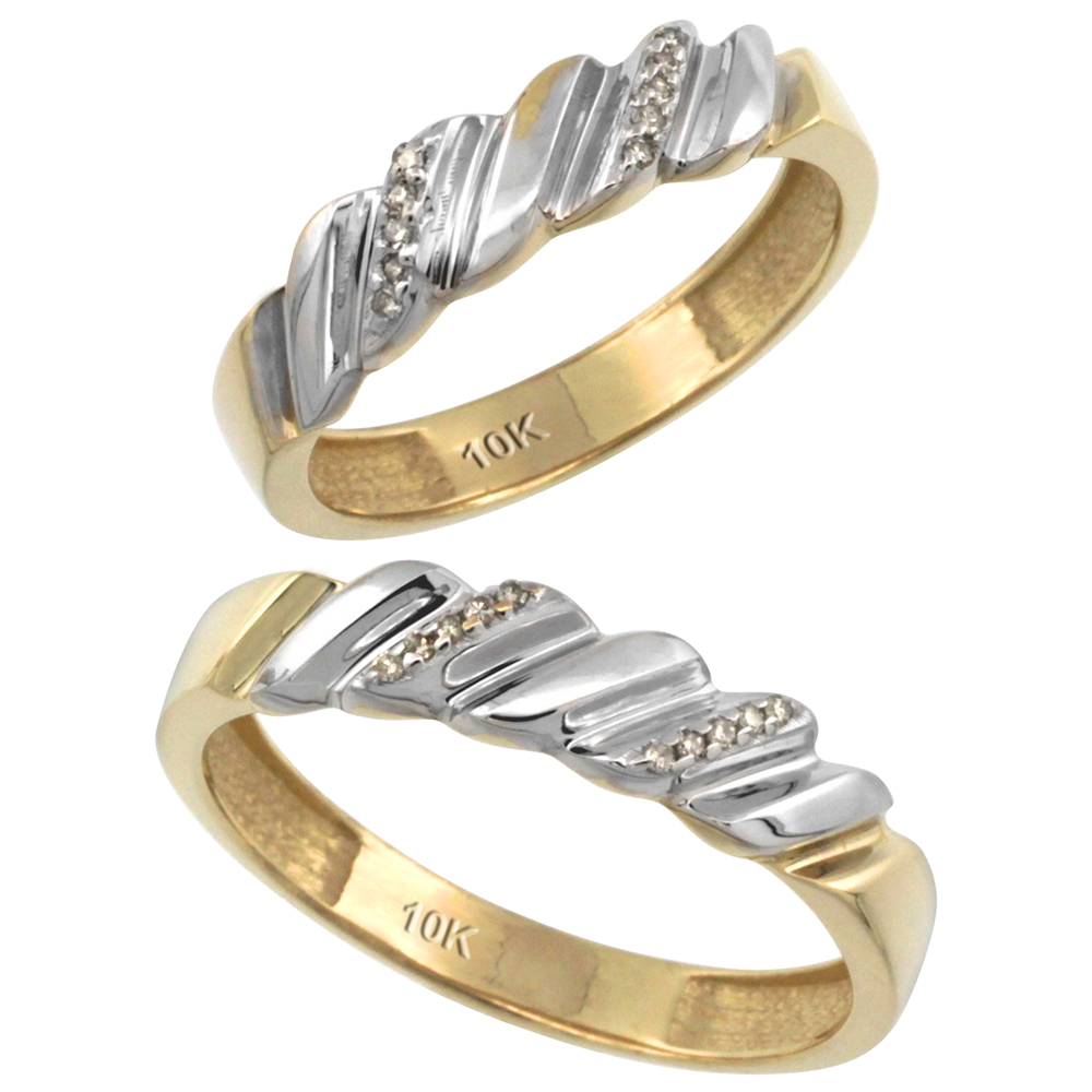 14k Gold 2-Pc His (5mm) &amp; Hers (5mm) Diamond Wedding Ring Band Set w/ 0.126 Carat Brilliant Cut Diamonds (Ladies&#039; Sizes 5 to 10; Men&#039;s Sizes 8 to 14)