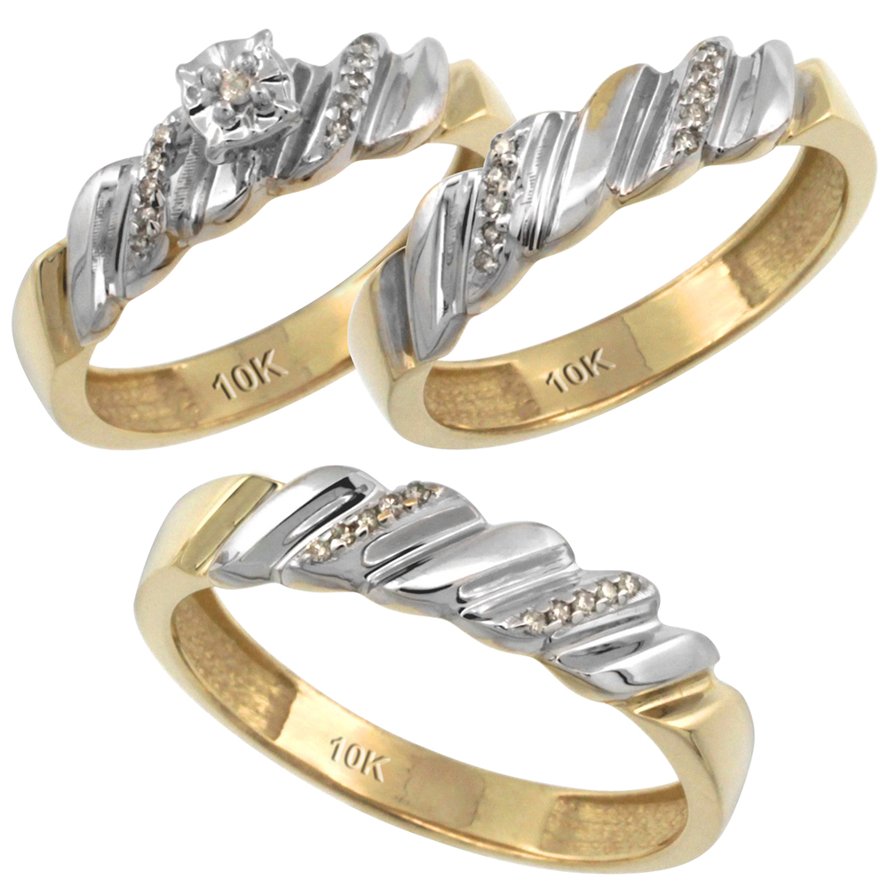 14k Gold 3-Pc. Trio His (5mm) &amp; Hers (5mm) Diamond Wedding Ring Band Set, w/ 0.20 Carat Brilliant Cut Diamonds (Ladies&#039; Sizes 5-10; Men&#039;s Sizes 8 to 14)