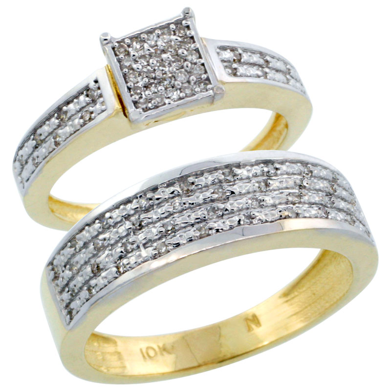14k Gold 2-Piece Diamond Ring Band Set w/ Rhodium Accent ( Engagement Ring & Man's Wedding Band ), w/ 0.27 Carat Brilliant Cut Diamonds, ( 3.5mm; 6.5mm ) wide