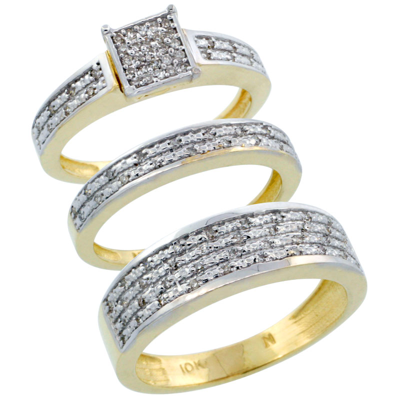 14k Gold 3-Piece Trio His (6.5mm) &amp; Hers (3.5mm) Diamond Wedding Ring Band Set w/ 0.328 Carat Brilliant Cut Diamonds; (Ladies Size 5 to10; Men&#039;s Size 8 to 14)