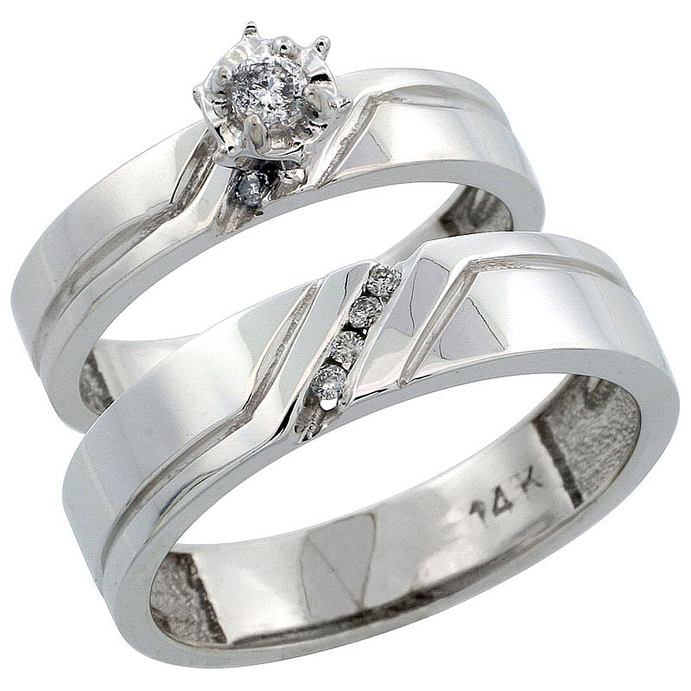14k White Gold 2-Piece Diamond Ring Band Set w/ Rhodium Accent ( Engagement Ring & Man's Wedding Band ), w/ 0.15 Carat Brilliant Cut Diamonds, ( 4mm; 5mm ) wide