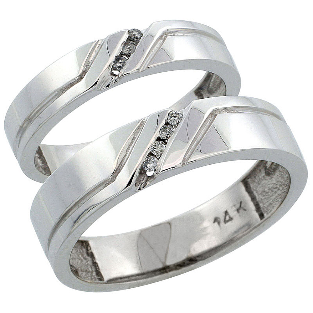 14k White Gold 2-Piece His (5mm) & Hers (4mm) Diamond Wedding Ring Band Set w/ 0.09 Carat Brilliant Cut Diamonds; (Ladies Size 5 to10; Men's Size 8 to 14)