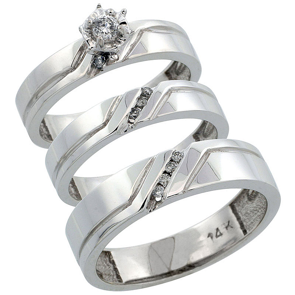 14k White Gold 3-Piece Trio His (5mm) & Hers (4mm) Diamond Wedding Ring Band Set w/ 0.19 Carat Brilliant Cut Diamonds; (Ladies Size 5 to10; Men's Size 8 to 14)