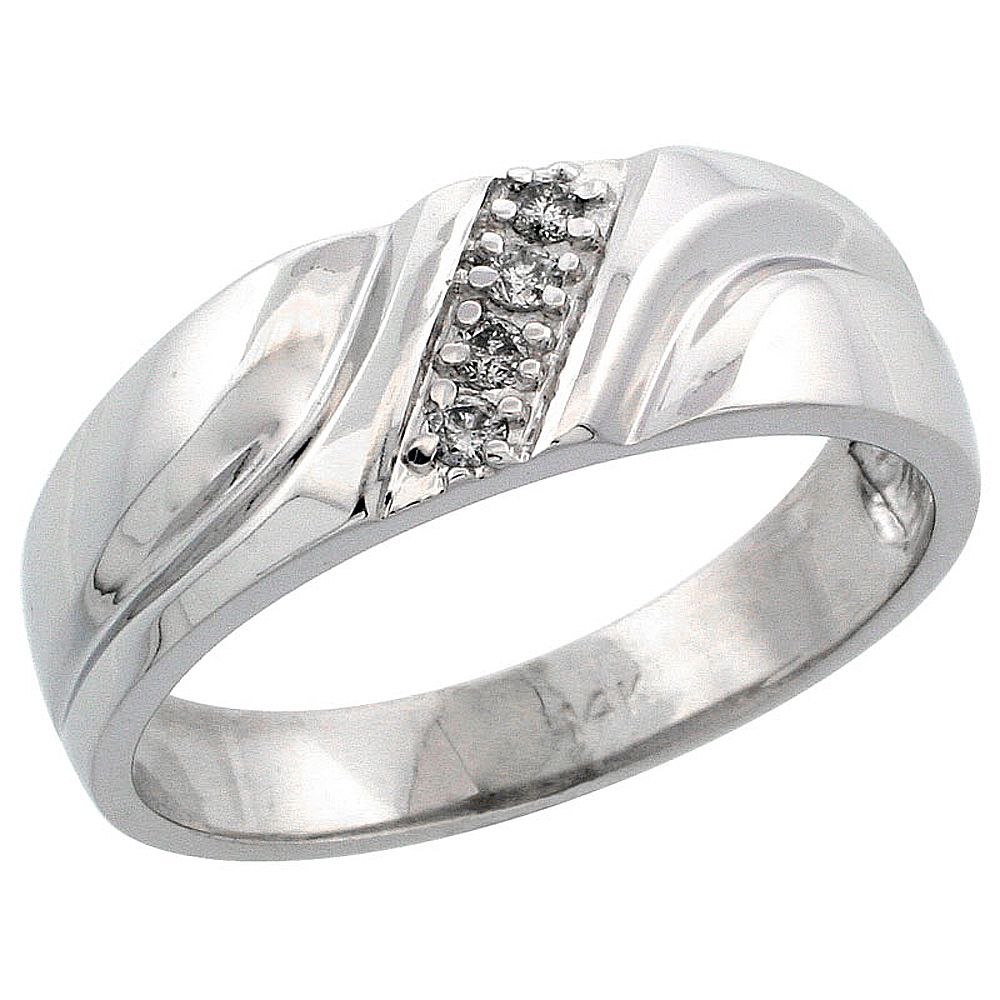 14k White Gold Men's Diamond Ring Band w/ 0.09 Carat Brilliant Cut Diamonds, 9/32 in. (7mm) wide