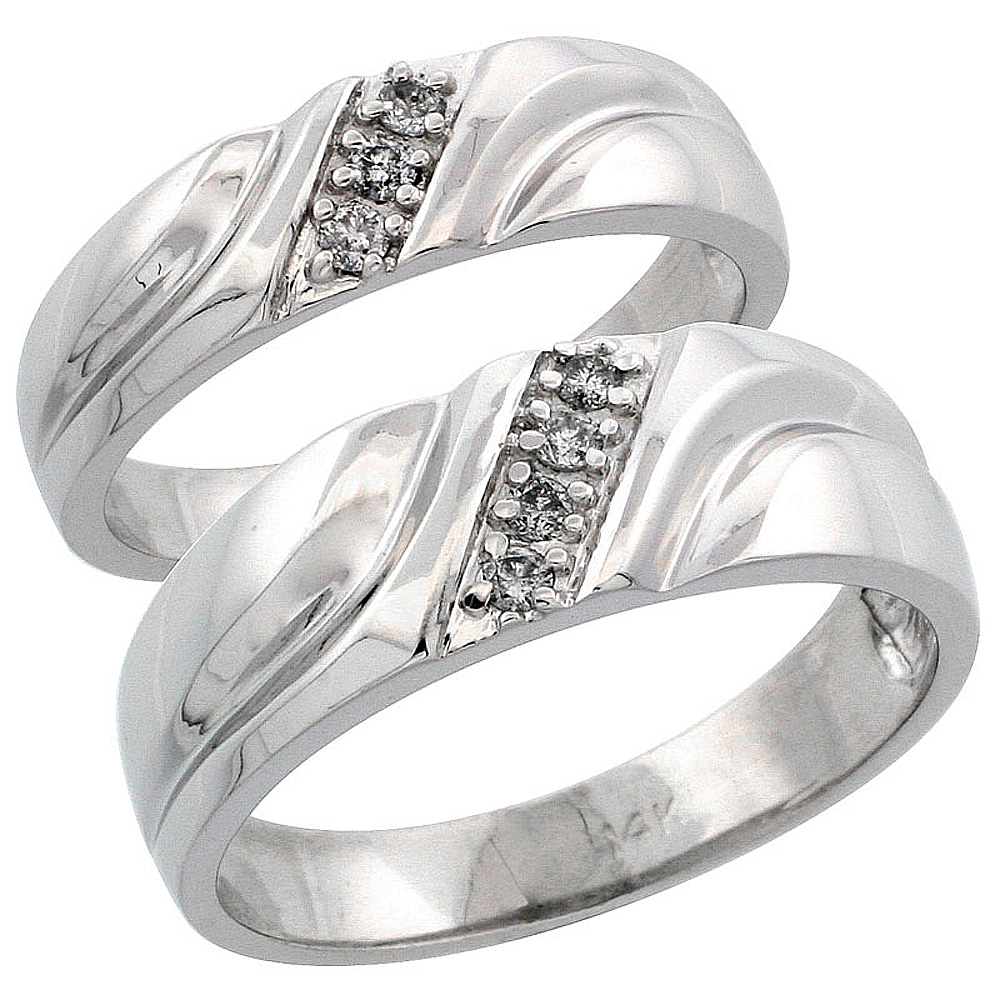 14k White Gold 2-Piece His (7mm) &amp; Hers (5mm) Diamond Wedding Ring Band Set w/ 0.15 Carat Brilliant Cut Diamonds; (Ladies Size 5 to10; Men&#039;s Size 8 to 14)