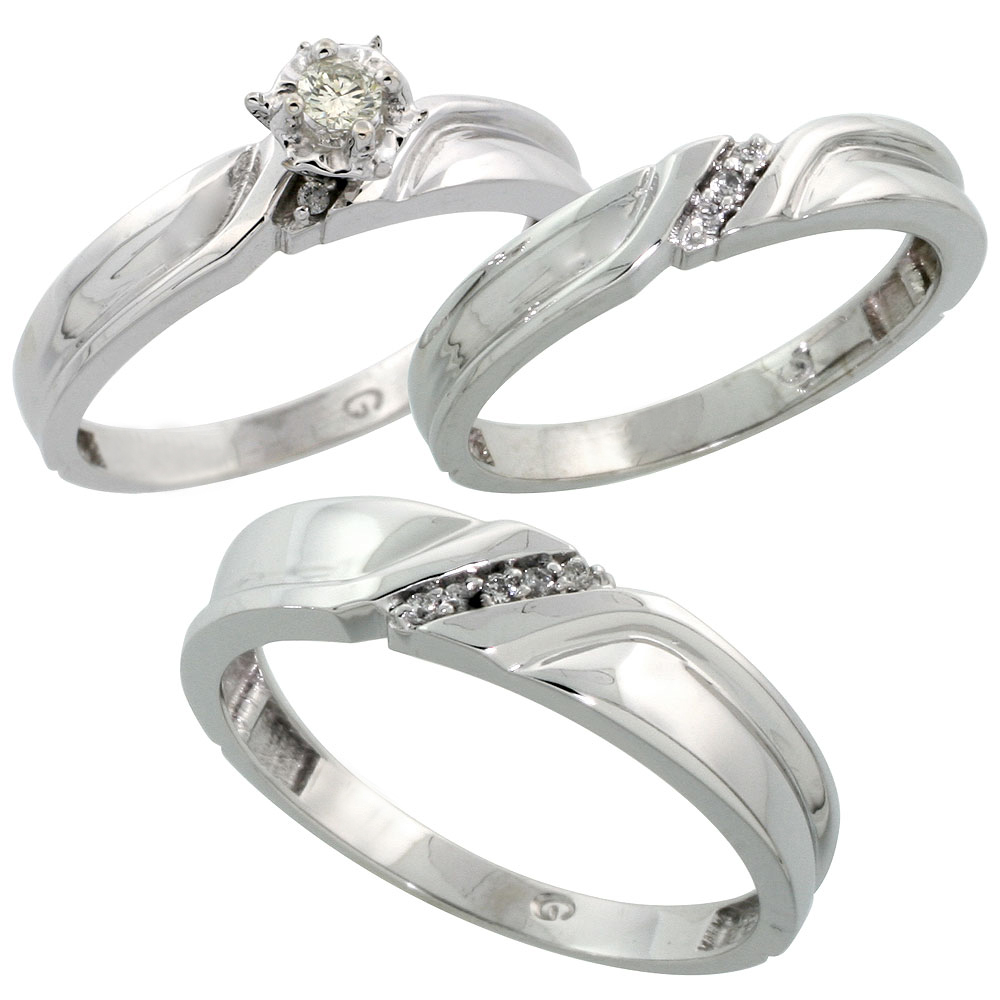14k White Gold 3-Piece Trio His (7mm) & Hers (5mm) Diamond Wedding Ring Band Set w/ 0.26 Carat Brilliant Cut Diamonds; (Ladies Size 5 to10; Men's Size 8 to 14)