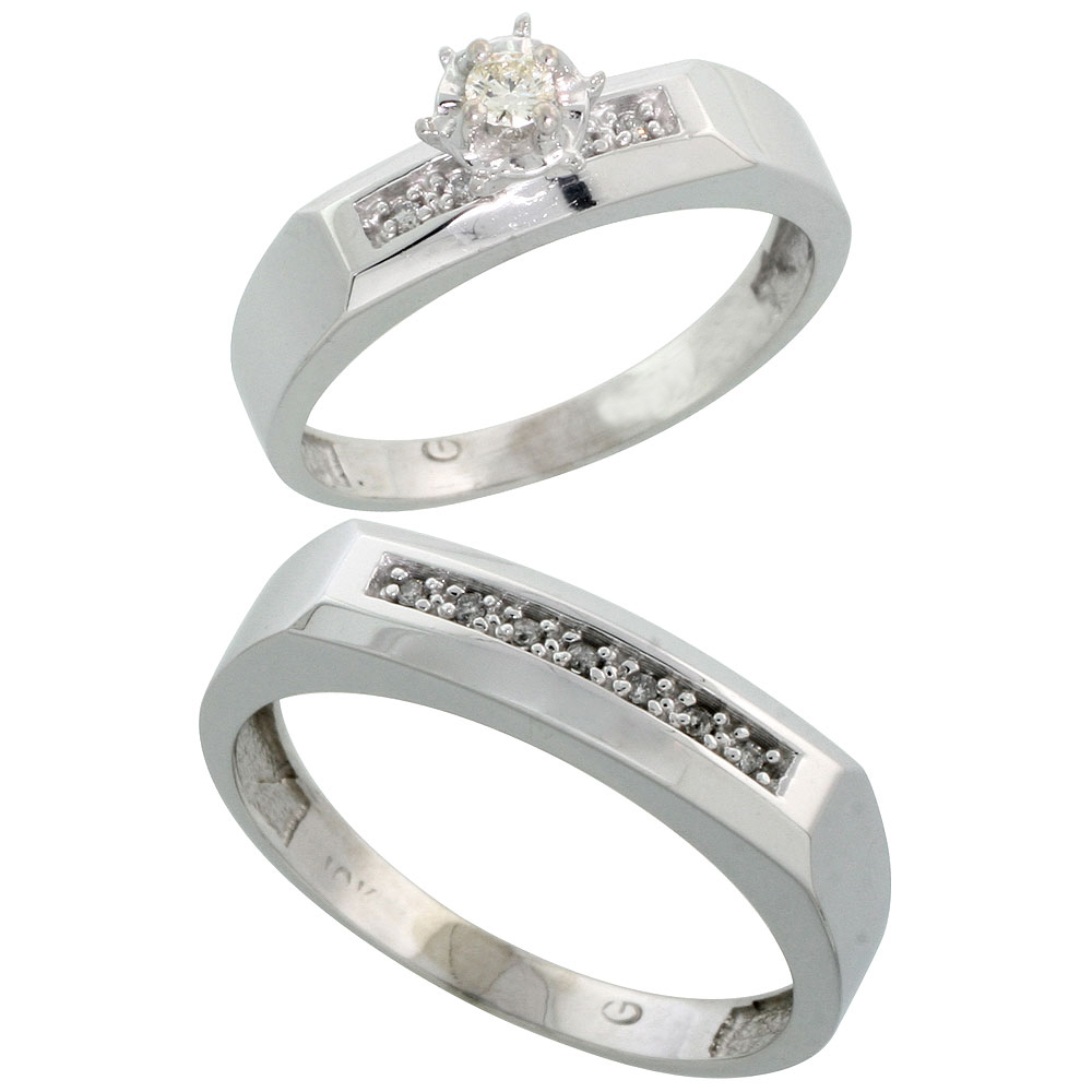 14k White Gold 2-Piece Diamond Ring Band Set w/ Rhodium Accent ( Engagement Ring & Man's Wedding Band ), w/ 0.39 Carat Brilliant Cut Diamonds, ( 5mm; 6mm ) wide
