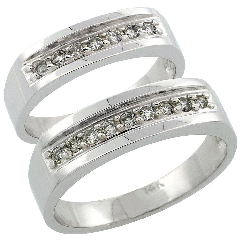 14k White Gold 2-Piece His (6mm) &amp; Hers (5mm) Diamond Wedding Ring Band Set w/ 0.34 Carat Brilliant Cut Diamonds; (Ladies Size 5 to10; Men&#039;s Size 8 to 14)