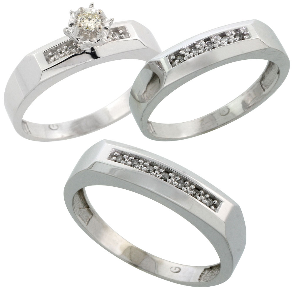 14k White Gold 3-Piece Trio His (6mm) & Hers (5mm) Diamond Wedding Ring Band Set w/ 0.54 Carat Brilliant Cut Diamonds; (Ladies Size 5 to10; Men's Size 8 to 14)