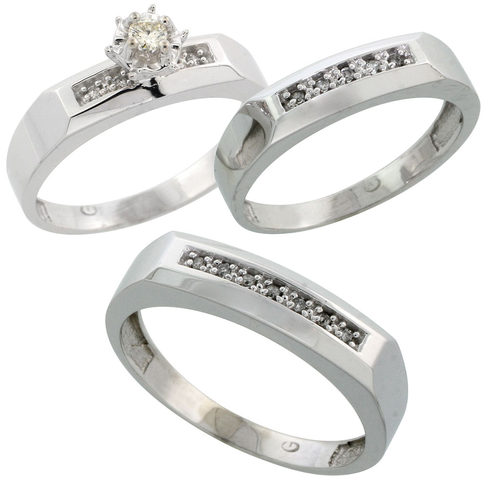 14k White Gold 3-Piece Trio His (6mm) &amp; Hers (5mm) Diamond Wedding Ring Band Set w/ 0.54 Carat Brilliant Cut Diamonds; (Ladies Size 5 to10; Men&#039;s Size 8 to 14)