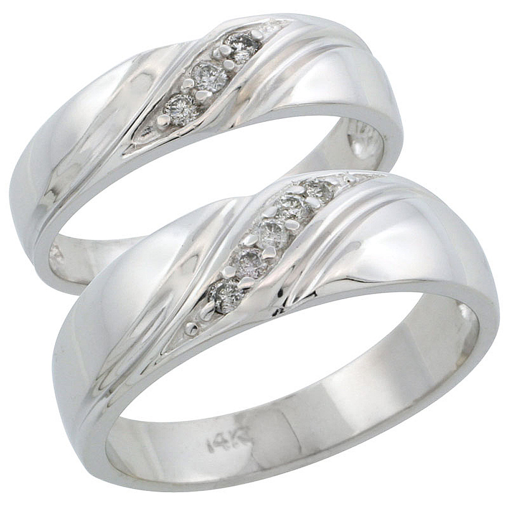 14k White Gold 2-Piece His (7mm) & Hers (5mm) Diamond Wedding Ring Band Set w/ 0.16 Carat Brilliant Cut Diamonds; (Ladies Size 5 to10; Men's Size 8 to 14)