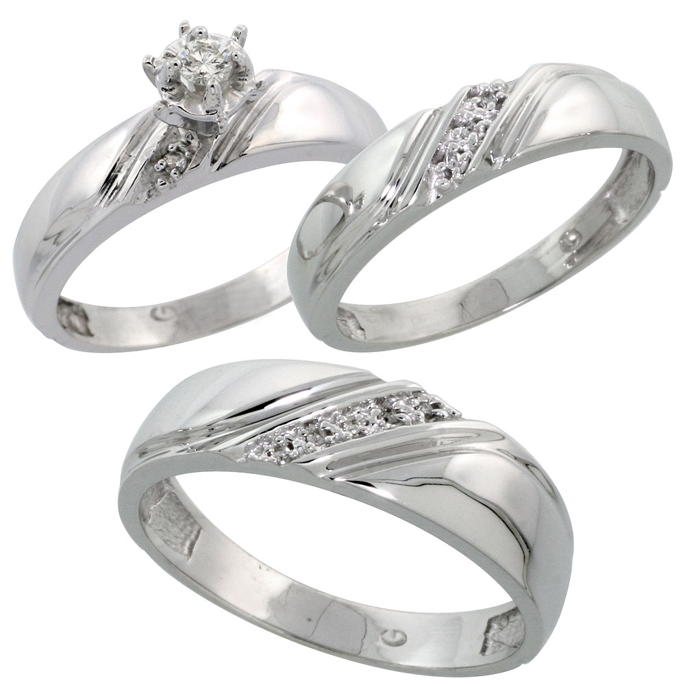 14k White Gold 3-Piece Trio His (7mm) &amp; Hers (5mm) Diamond Wedding Ring Band Set w/ 0.27 Carat Brilliant Cut Diamonds; (Ladies Size 5 to10; Men&#039;s Size 8 to 14)