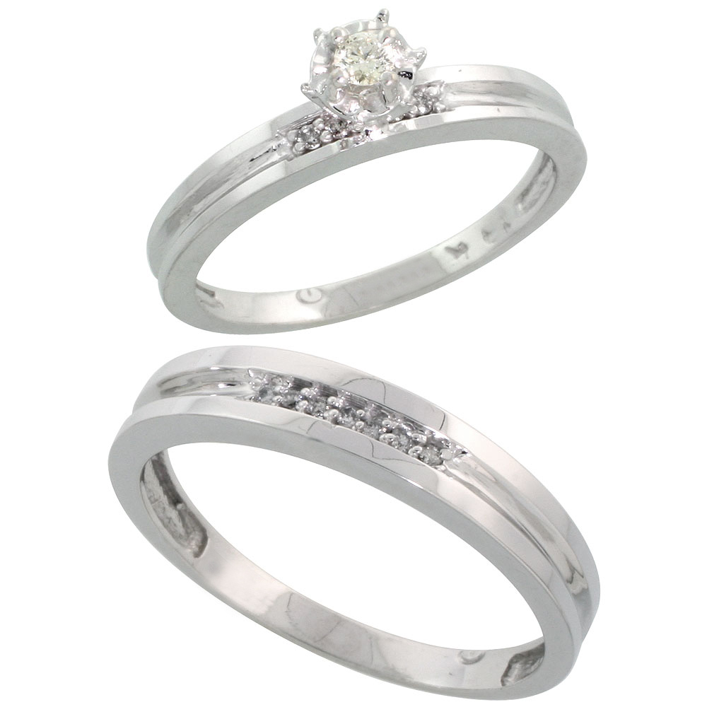 14k White Gold 2-Piece Diamond Ring Band Set w/ Rhodium Accent ( Engagement Ring &amp; Man&#039;s Wedding Band ), w/ 0.35 Carat Brilliant Cut Diamonds, ( 3mm; 4mm ) wide