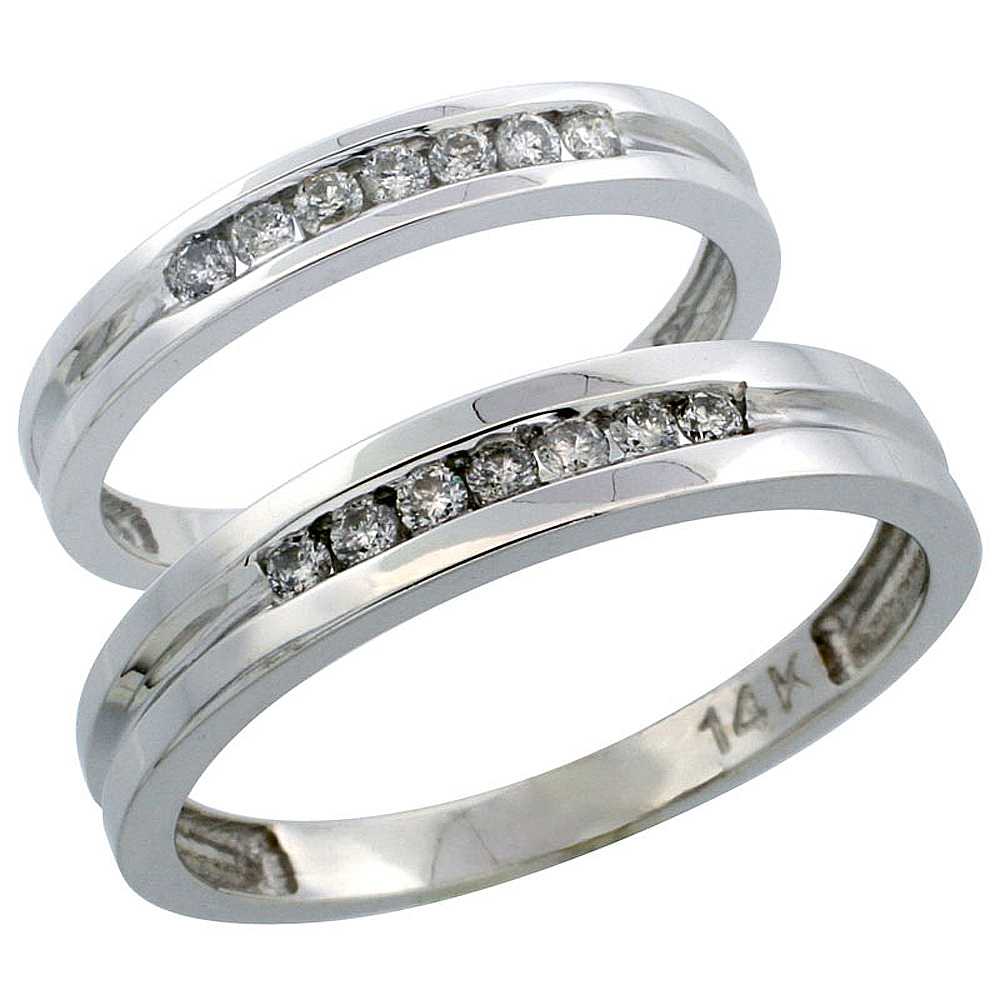14k White Gold 2-Piece His (4mm) & Hers (3mm) Diamond Wedding Ring Band Set w/ 0.30 Carat Brilliant Cut Diamonds; (Ladies Size 5 to10; Men's Size 8 to 14)