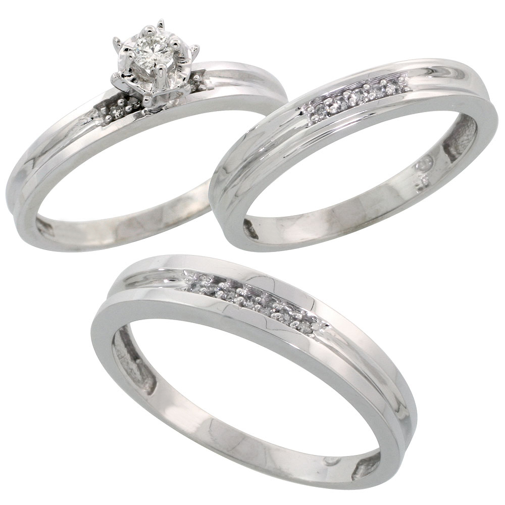 14k White Gold 3-Piece Trio His (4mm) &amp; Hers (3mm) Diamond Wedding Ring Band Set w/ 0.50 Carat Brilliant Cut Diamonds; (Ladies Size 5 to10; Men&#039;s Size 8 to 14)