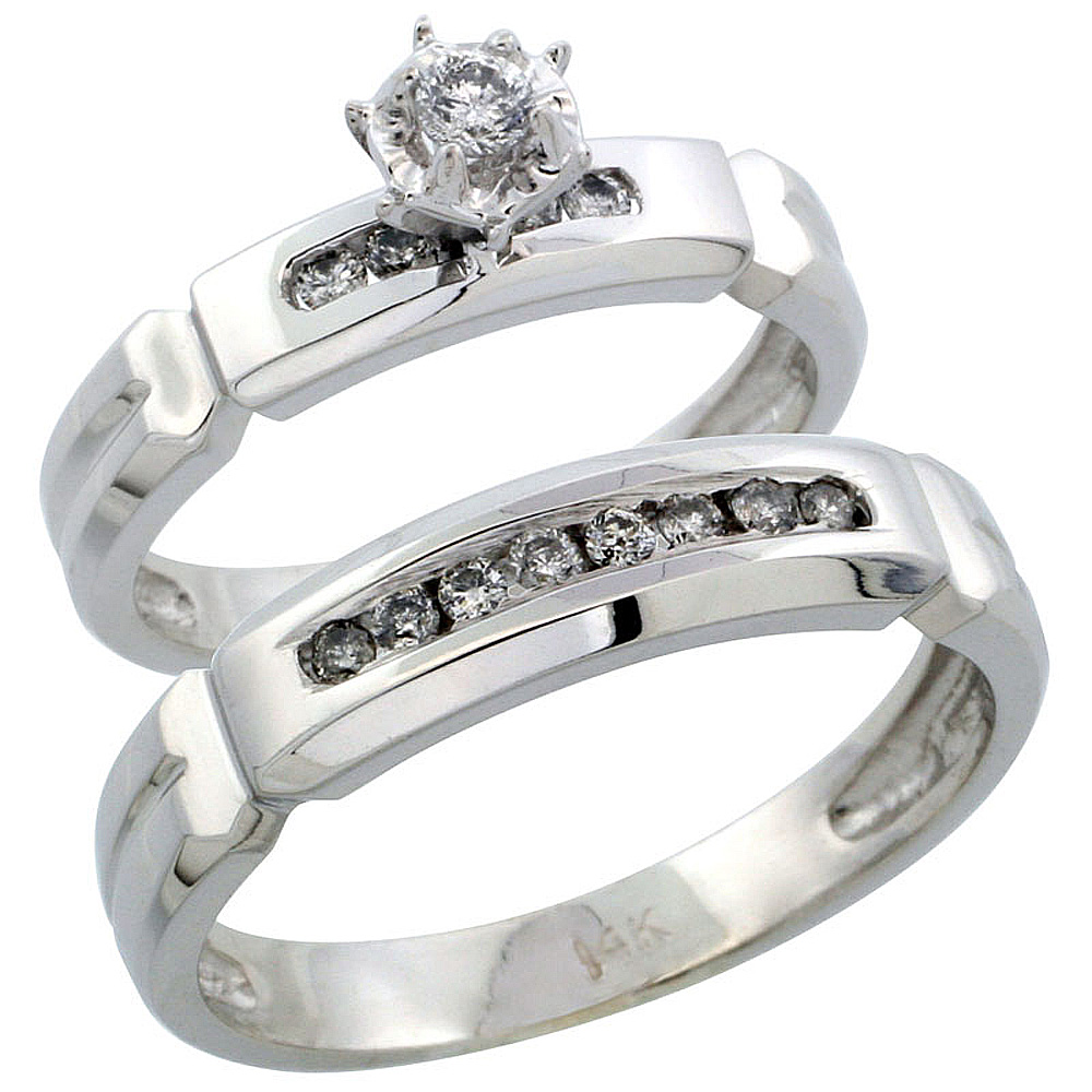 14k White Gold 2-Piece Diamond Ring Band Set w/ Rhodium Accent ( Engagement Ring & Man's Wedding Band ), w/ 0.28 Carat Brilliant Cut Diamonds, ( 4mm; 5mm ) wide