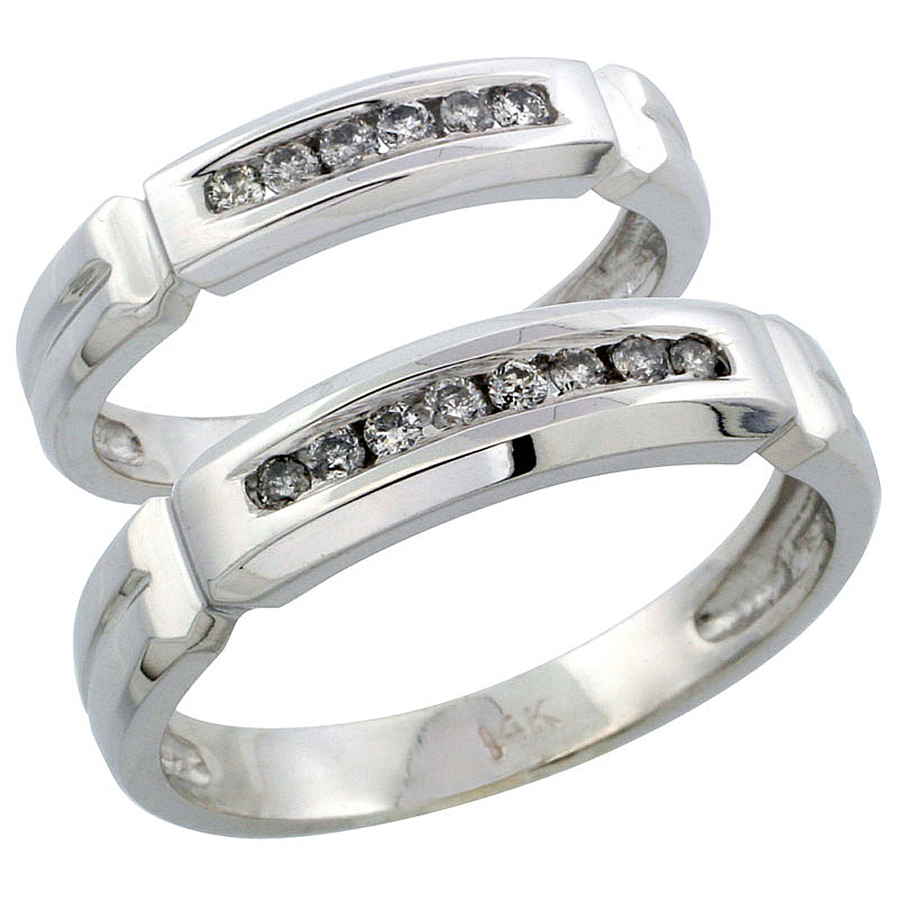 14k White Gold 2-Piece His (5mm) & Hers (4mm) Diamond Wedding Ring Band Set w/ 0.24 Carat Brilliant Cut Diamonds; (Ladies Size 5 to10; Men's Size 8 to 14)