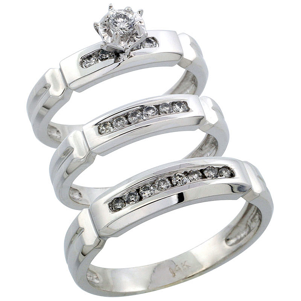 14k White Gold 3-Piece Trio His (5mm) & Hers (4mm) Diamond Wedding Ring Band Set w/ 0.38 Carat Brilliant Cut Diamonds; (Ladies Size 5 to10; Men's Size 8 to 14)