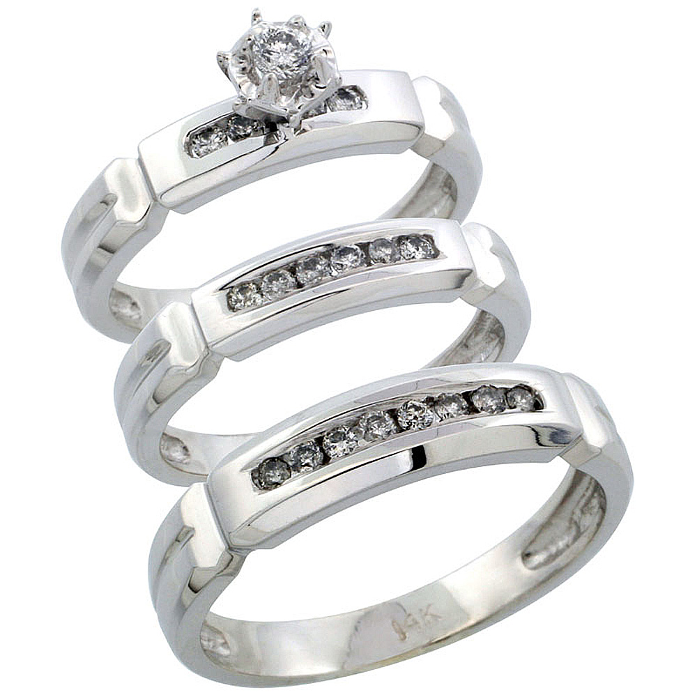 14k White Gold 3-Piece Trio His (5mm) &amp; Hers (4mm) Diamond Wedding Ring Band Set w/ 0.38 Carat Brilliant Cut Diamonds; (Ladies Size 5 to10; Men&#039;s Size 8 to 14)