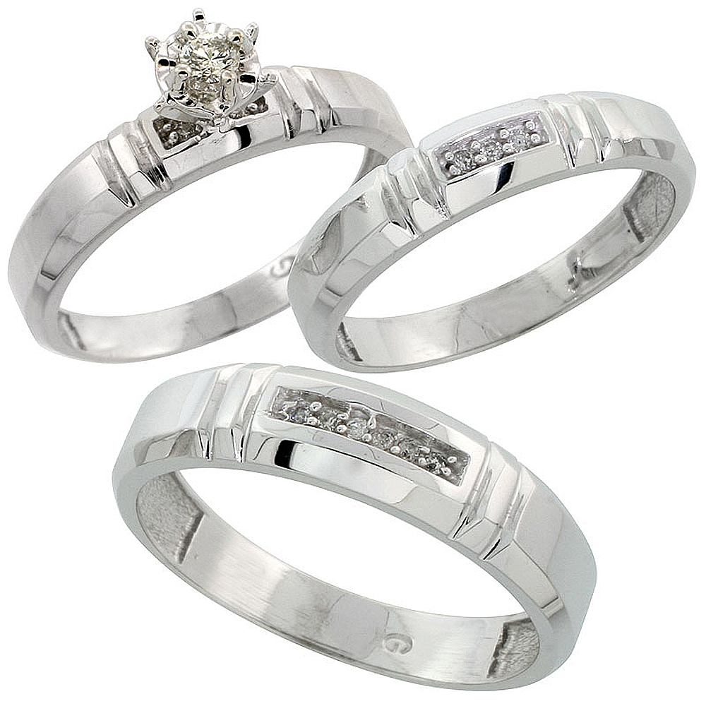 14k White Gold 3-Piece Trio His (6.5mm) &amp; Hers (4mm) Diamond Wedding Ring Band Set w/ 0.39 Carat Brilliant Cut Diamonds; (Ladies Size 5 to10; Men&#039;s Size 8 to 14)