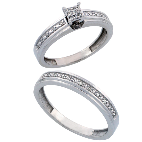 14k White Gold 2-Piece Diamond Ring Set ( Engagement Ring &amp; Man&#039;s Wedding Band ), w/ 0.21 Carat Brilliant Cut Diamonds, ( 4mm; 4mm ) wide