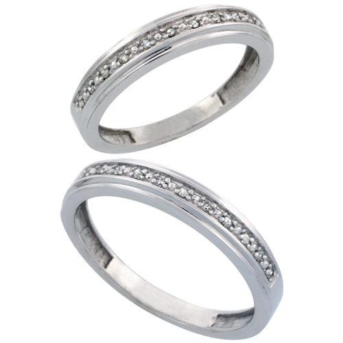 14k White Gold 2-Piece His (4mm) & Hers (4mm) Diamond Wedding Band Set, w/ 0.16 Carat Brilliant Cut Diamonds; (Ladies Size 5 to10; Men's Size 8 to 14)