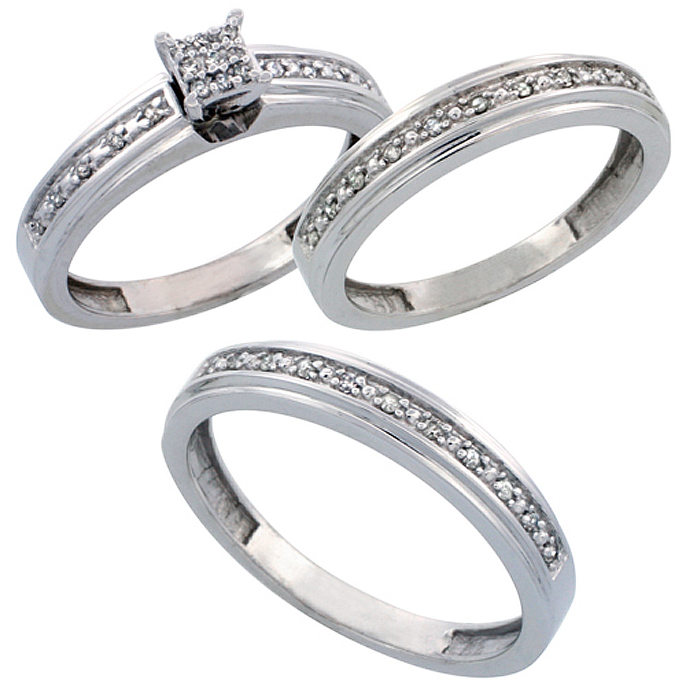 14k White Gold 3-Piece Trio His (4mm) &amp; Hers (4mm) Diamond Wedding Band Set, w/ 0.29 Carat Brilliant Cut Diamonds; (Ladies Size 5 to10; Men&#039;s Size 8 to 14)