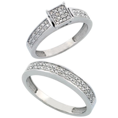 14k White Gold 2-Piece Diamond Ring Set ( Engagement Ring &amp; Man&#039;s Wedding Band ), w/ 0.24 Carat Brilliant Cut Diamonds, 5/32 in. (4mm) wide