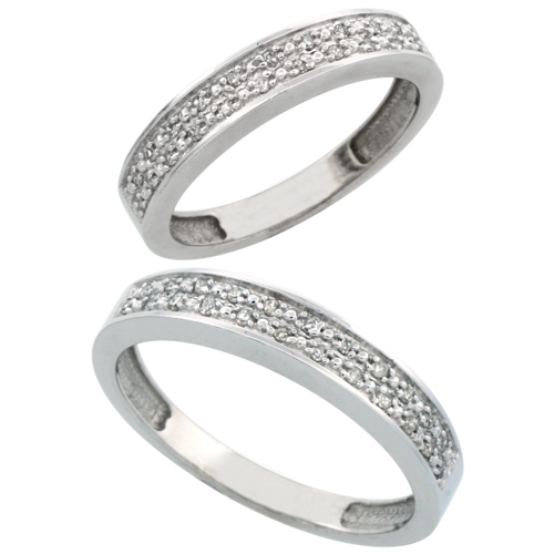 14k White Gold 2-Piece His (4mm) & Hers (4mm) Diamond Wedding Band Set, w/ 0.20 Carat Brilliant Cut Diamonds; (Ladies Size 5 to10; Men's Size 8 to 14)