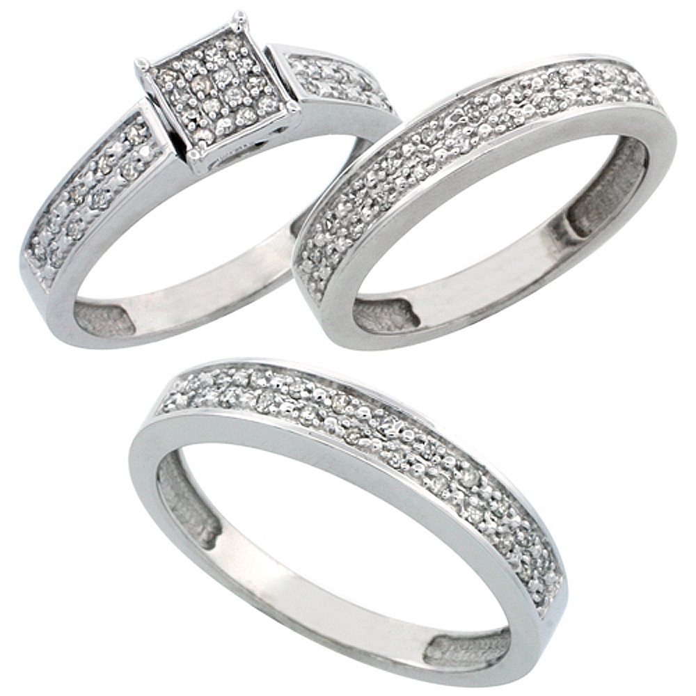 14k White Gold 3-Piece Trio His (4mm) &amp; Hers (4mm) Diamond Wedding Band Set, w/ 0.34 Carat Brilliant Cut Diamonds; (Ladies Size 5 to10; Men&#039;s Size 8 to 14)