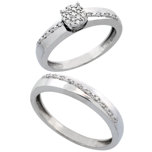 14k White Gold 2-Piece Diamond Ring Set ( Engagement Ring &amp; Man&#039;s Wedding Band ), 0.22 Carat Brilliant Cut Diamonds, 1/8 in. (3.5mm) wide