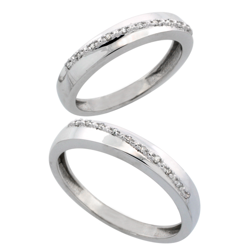 14k White Gold 2-Piece His (3.5mm) &amp; Hers (3.5mm) Diamond Wedding Band Set, w/ 0.16 Carat Brilliant Cut Diamonds; (Ladies Size 5 to10; Men&#039;s Size 8 to 14)