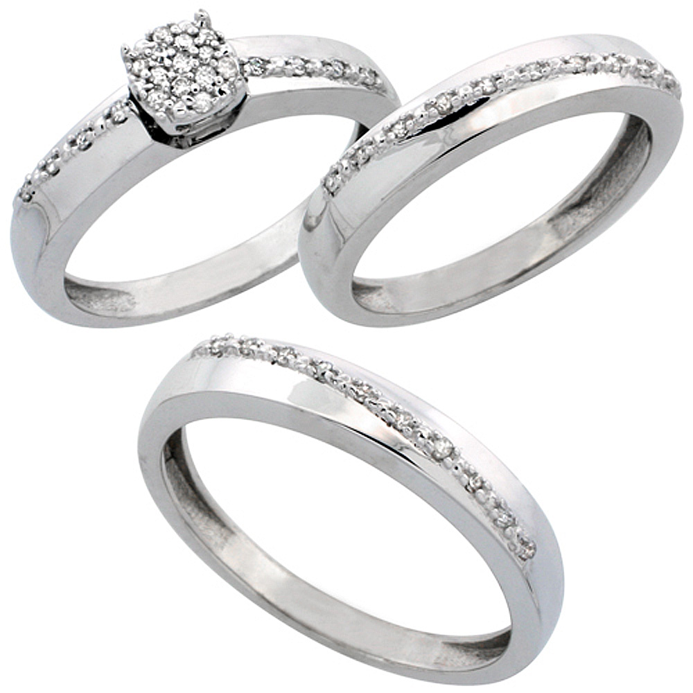 14k White Gold 3-Piece Trio His (3.5mm) &amp; Hers (3.5mm) Diamond Wedding Band Set, w/ 0.30 Carat Brilliant Cut Diamonds; (Ladies Size 5 to10; Men&#039;s Size 8 to 14)