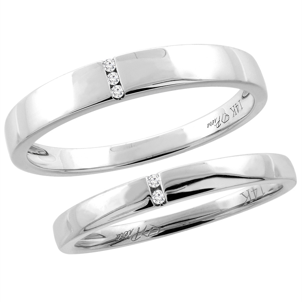 14K White Gold 2-pc Diamond Wedding Ring Set 3.5 mm His &amp; 2 mm Hers, L 5-10, M 8-14 sizes 5 - 10