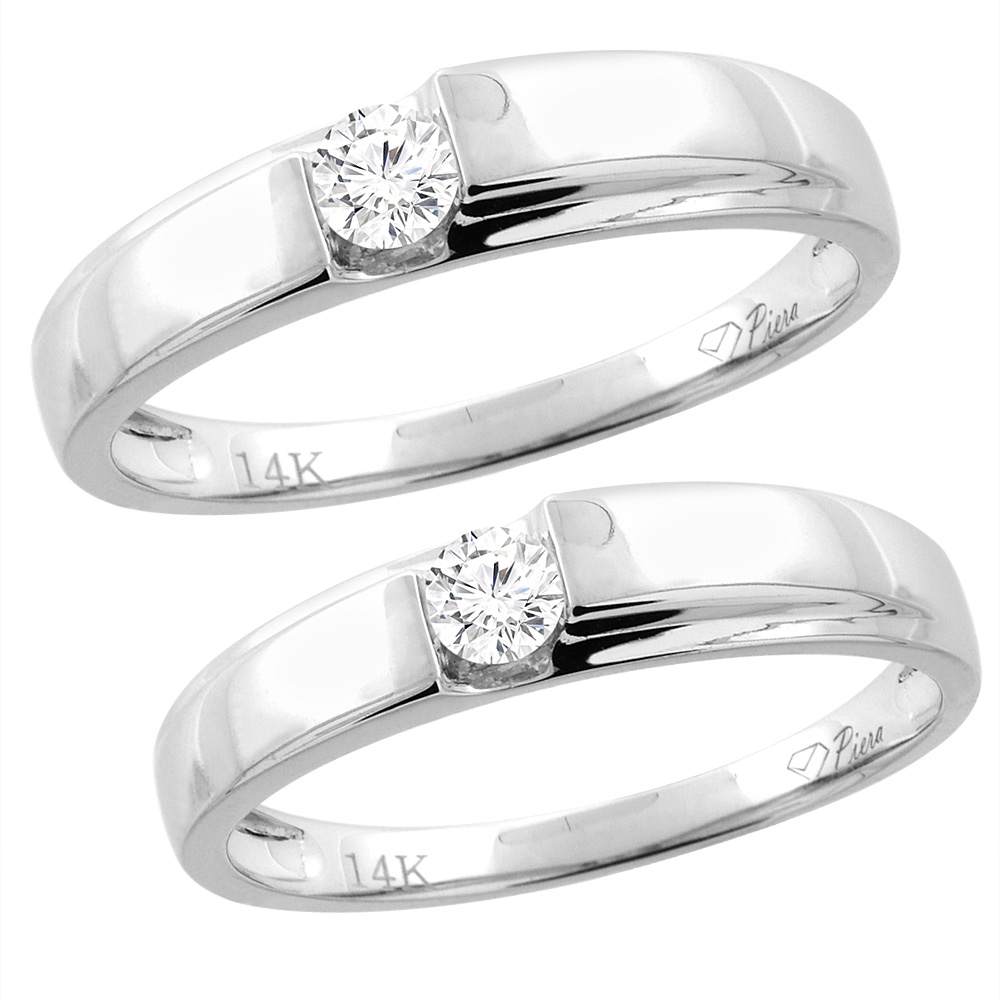 14K WHITE GOLD 2-PC DIAMOND WEDDING RING SET 4 MM HIS & 3.5 MM HERS, L 5-10, M 8-14 SIZES 5 - 10