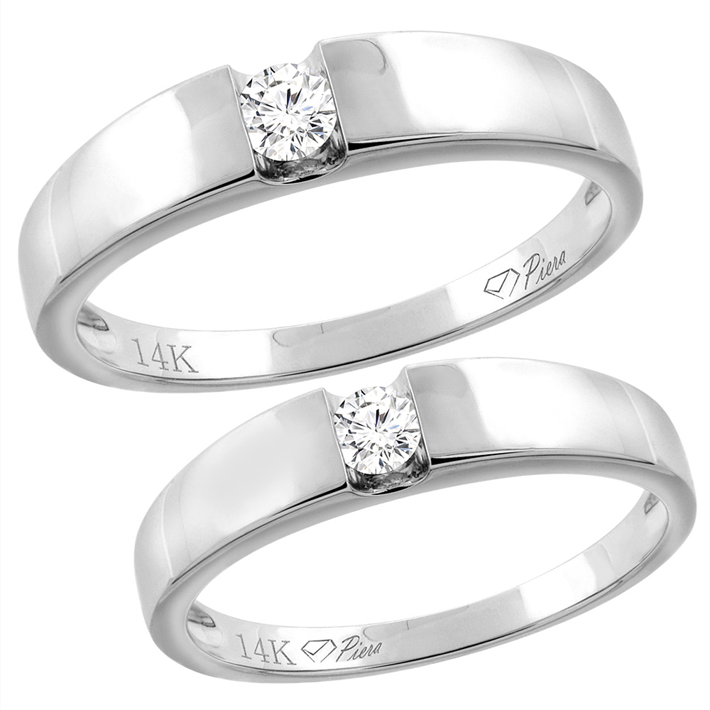 14K WHITE GOLD 2-PC DIAMOND WEDDING RING SET 4.5 MM HIS & 4 MM HERS, L 5-10, M 8-14 SIZES 5 - 10
