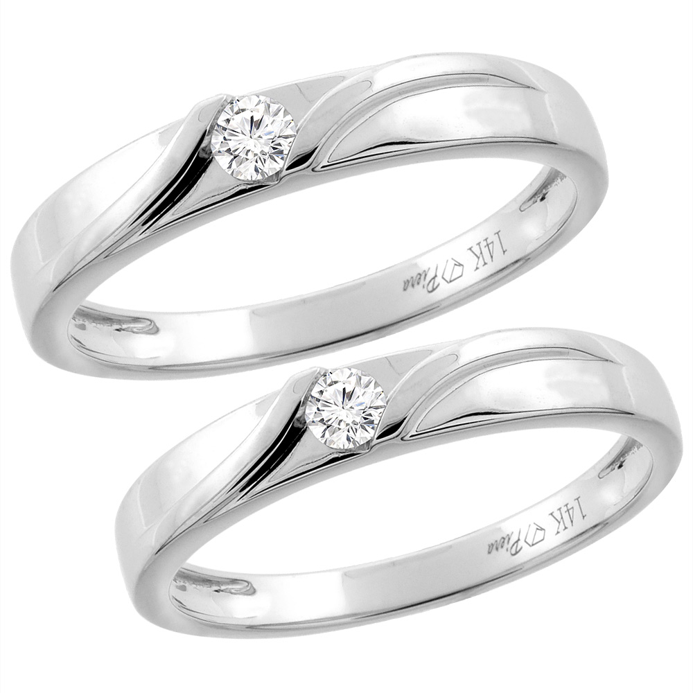 14K WHITE GOLD 2-PC DIAMOND WEDDING RING SET 3.5 MM HIS & 3 MM HERS, L 5-10, M 8-14 SIZES 5 - 10